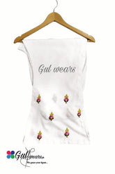 Stitched Slub Linen Hand Embroidery Bell Bottom Trouser GWT00005-White