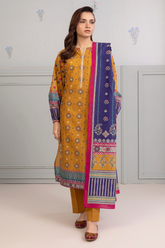 Woman wearing a mustard yellow and purple embroidered traditional outfit with a white background