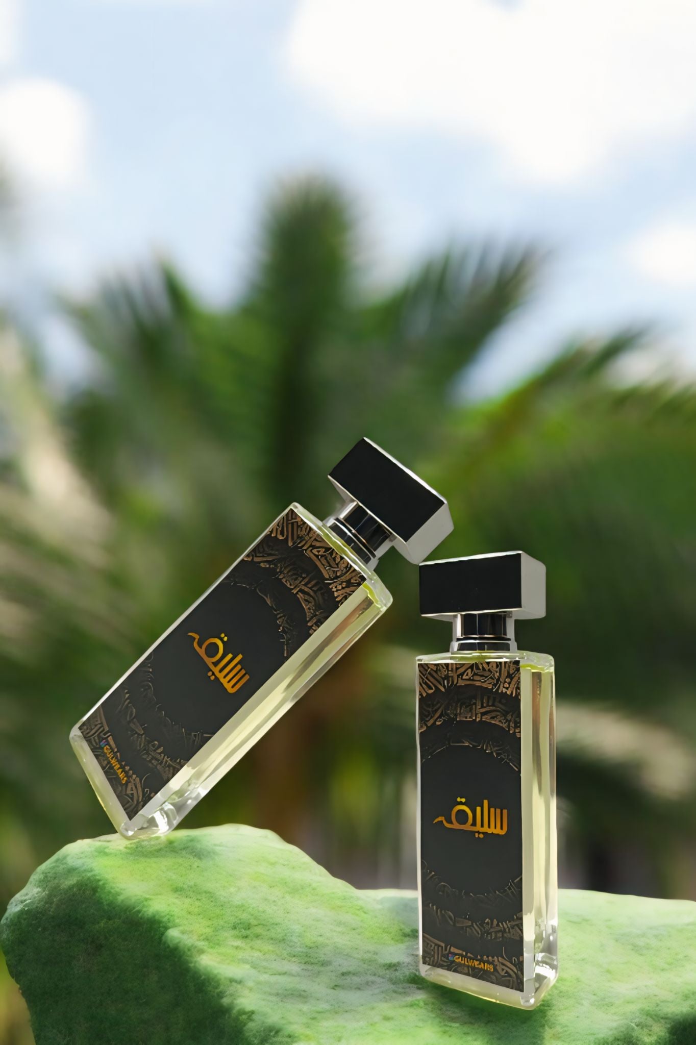 Two perfume bottles on a green surface with a blurred natural background