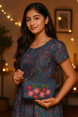 Woman holding a floral embroidered bag in a warm, blurred indoor setting
