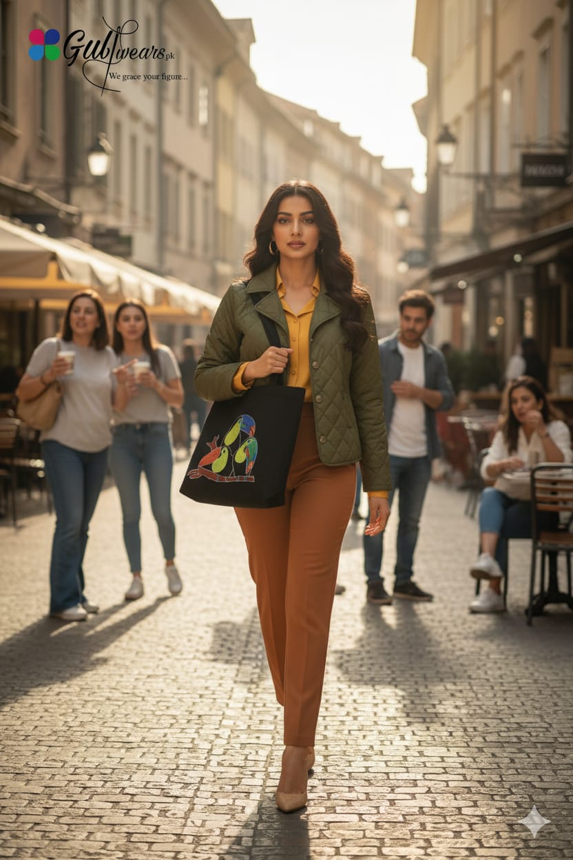 A black hand painted Tote bag caring a women _walking in a street.