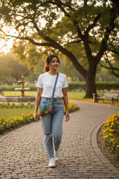 Woman walking on a paved path in a park with trees and flowers.