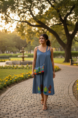 Woman in a blue dress with cactus designs walking in a park.