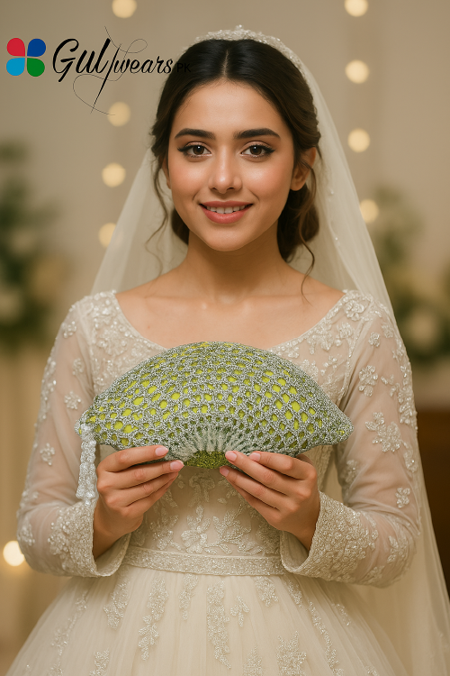 Woman in a white embroidered dress holding a green clutch with a blurred background
