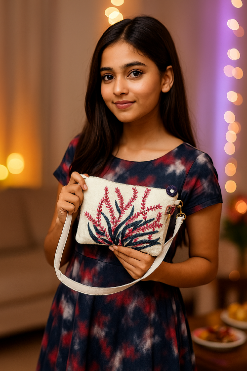 Young woman holding a handbag with floral design in a softly lit room.
