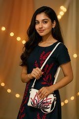 Woman holding a white handbag with red floral patterns against a warm-toned background