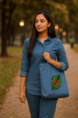 Woman holding a blue bag with a ladybug design in a park setting