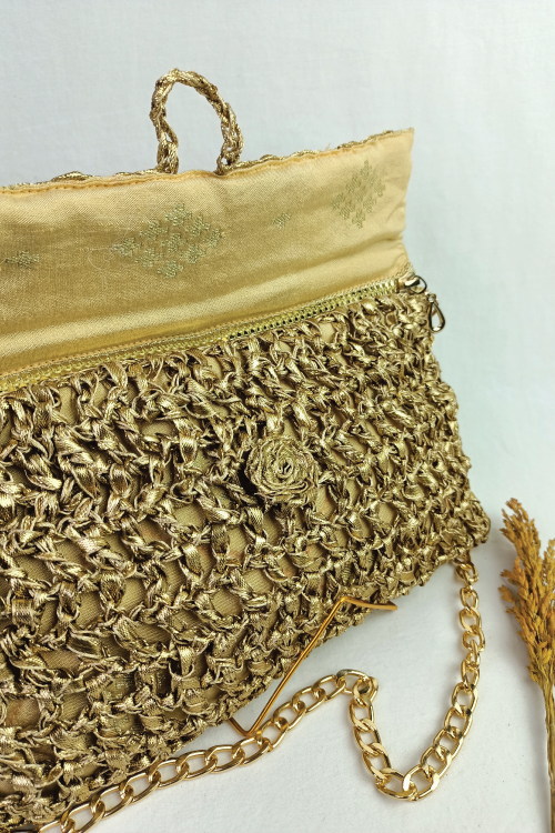 Cream Gold Crochet Clutch Bag GWCB0008