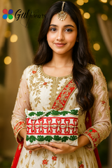 A beautiful girl holding a white clutch bag with green and red ribbon work and pearl-like embellishments, displayed against a marble background.