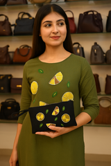 Woman holding a black clutch with yellow and green patterns in front of shelves with bags.