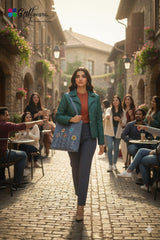 Woman walking on a cobblestone street with people in the background, wearing a green jacket and blue pants.