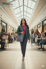 Woman walking through a shopping mall holding a handbag, with 'Gulwears' branding visible.