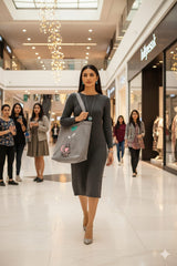 Woman walking through a shopping mall wearing a gray dress and carrying a matching tote bag.