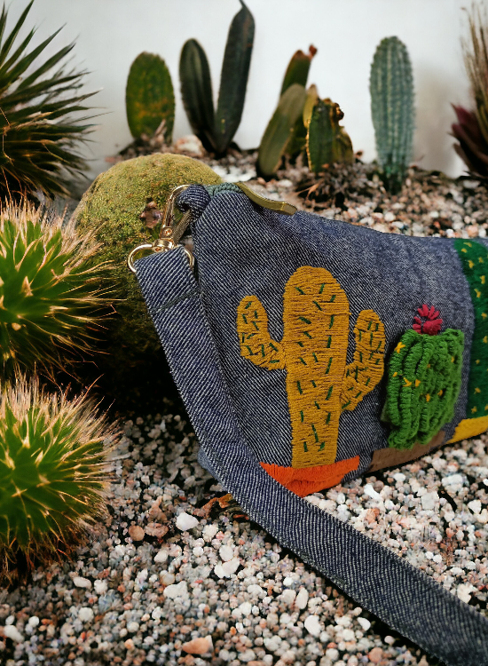 Stylish Grey Hand Embroidered 3D Cactus Clutch Bag