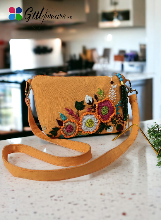 Stylish Orange Pearl Floral Handmade Clutch Bag