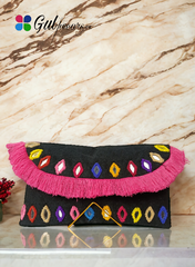 Black Multi-Color Mirror Work Clutch Bag