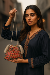Woman holding a decorative handbag with intricate patterns