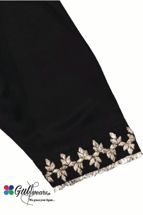 Stitched Slub Linen Gotta Embellished Shalwar GWSh00004-Black