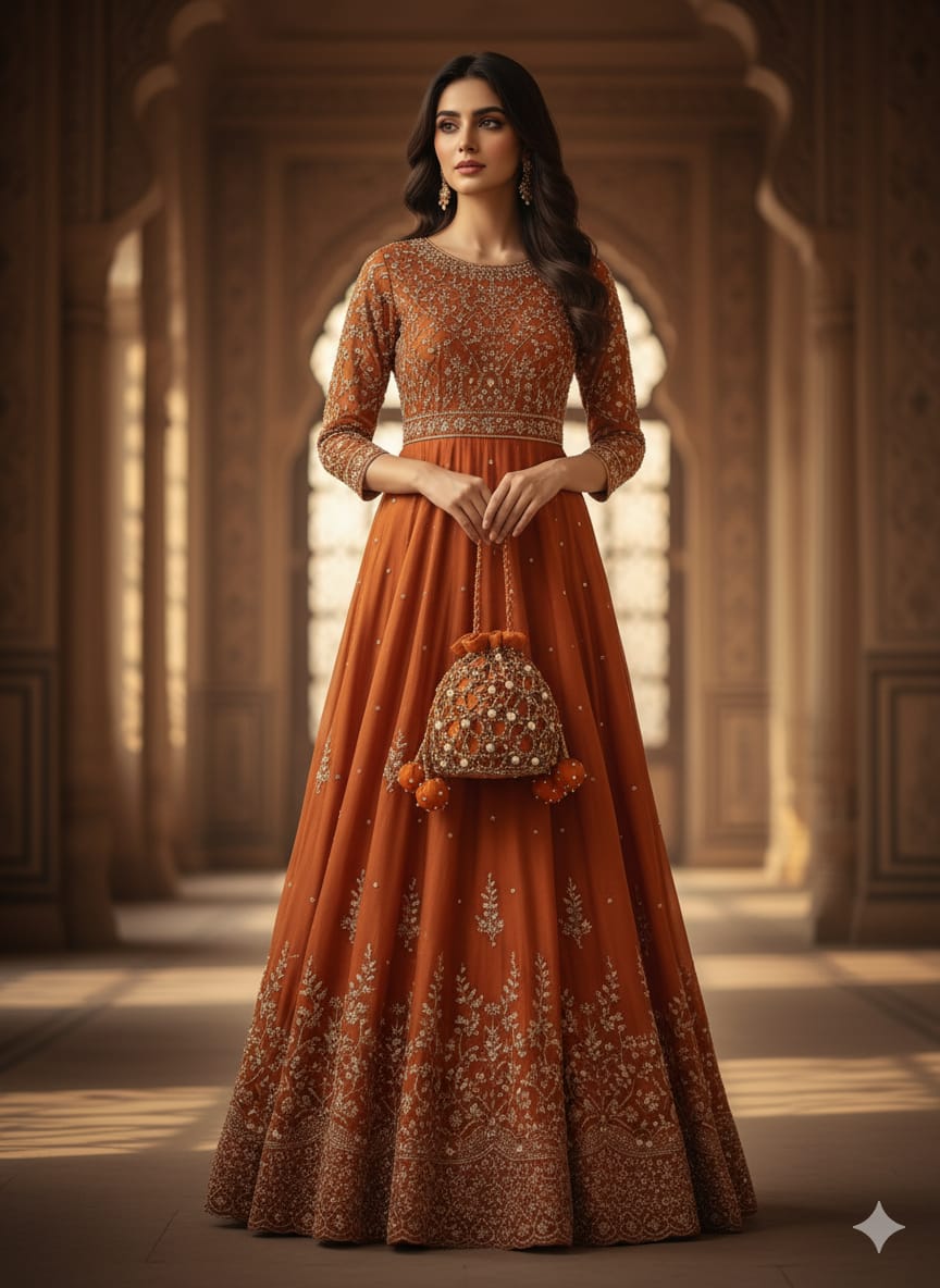 Woman in a traditional orange dress with intricate patterns in an elegant setting.