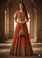 Woman in a traditional orange dress with intricate patterns in an elegant setting.