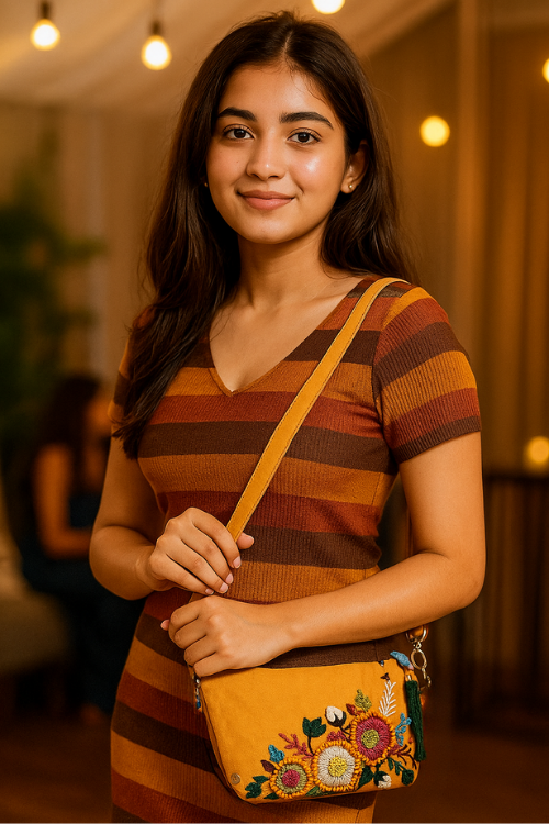 Woman holding a yellow handbag with floral embroidery indoors