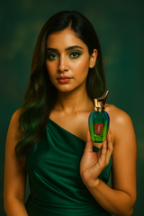 Woman holding a green perfume bottle against a dark background