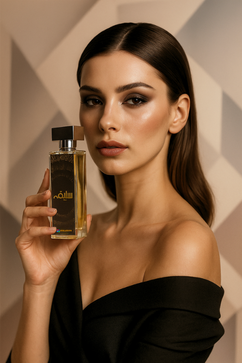 Woman holding a perfume bottle against a neutral background