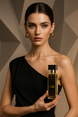 Woman holding a perfume bottle against a geometric-patterned background