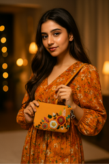 Woman in an orange floral dress holding a matching clutch with floral embroidery.