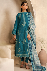 Woman wearing a teal embroidered outfit with a matching dupatta in a neutral setting