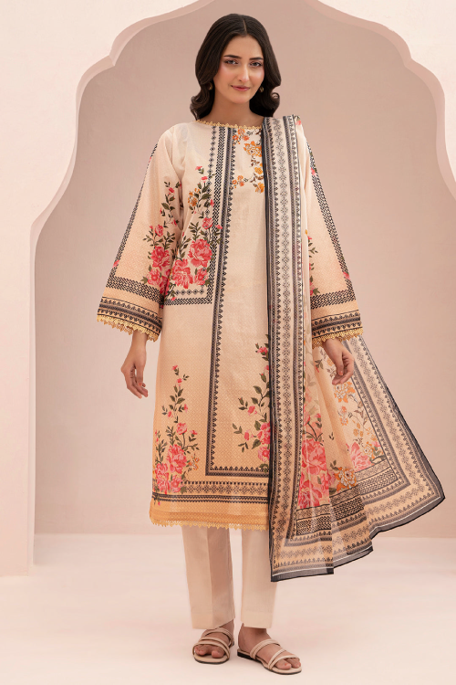 Woman wearing a traditional outfit with floral embroidery on a beige background