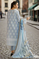 Woman wearing a light blue traditional outfit with a matching dupatta against an orange background