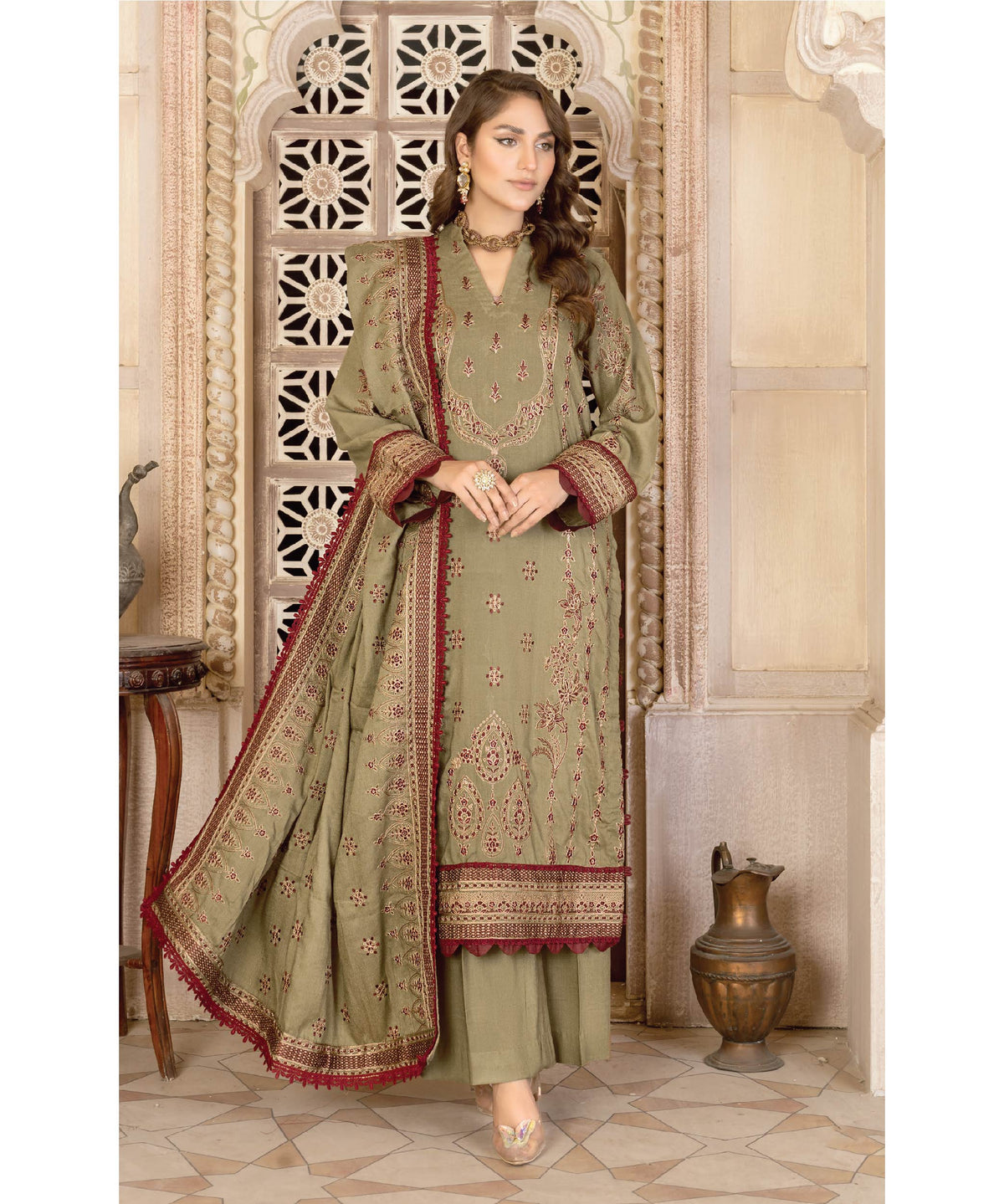 Wania Falak Winter Peach Embroidered 3 Piece Shawl Collection WP-214
