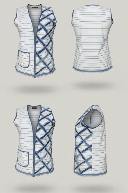 White vest with blue geometric patterns on a light gray background