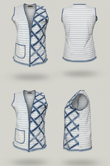 White vest with blue geometric patterns on a light gray background