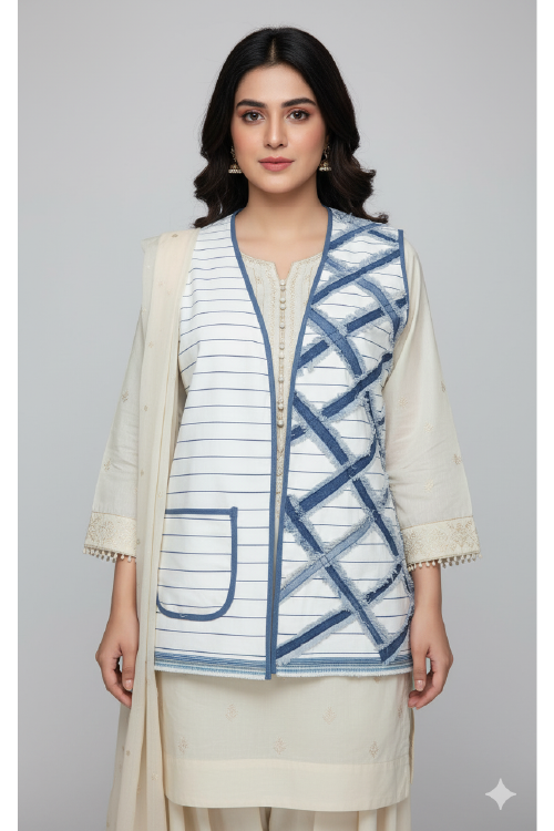Woman wearing a white and blue patterned jacket with a plain background
