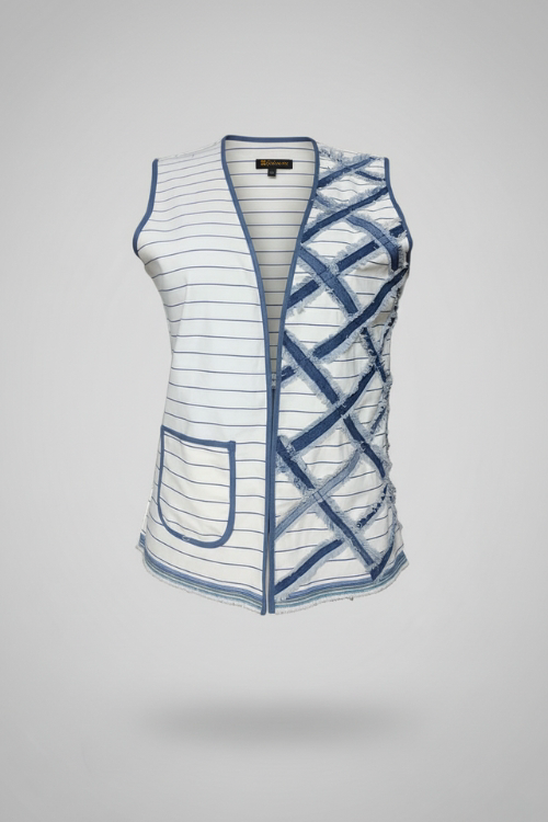 White vest with blue geometric patterns on a light gray background