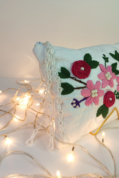 White Fabric Floral Karhai Clutch Bags GWCB0009
