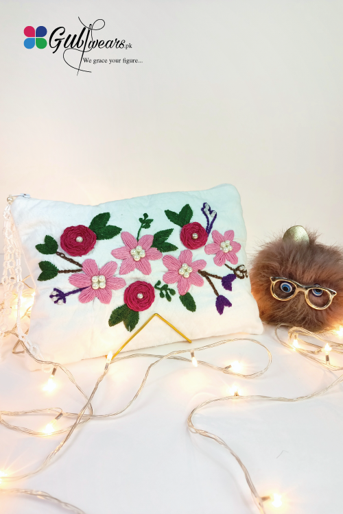 White Fabric Floral Karhai Clutch Bags GWCB0009