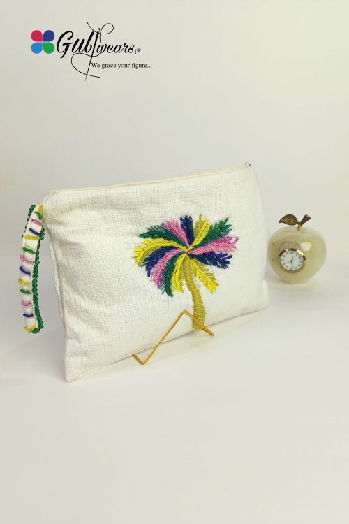 White Fabric Hand Embellished Pearls Clutch Bag GWCB0007