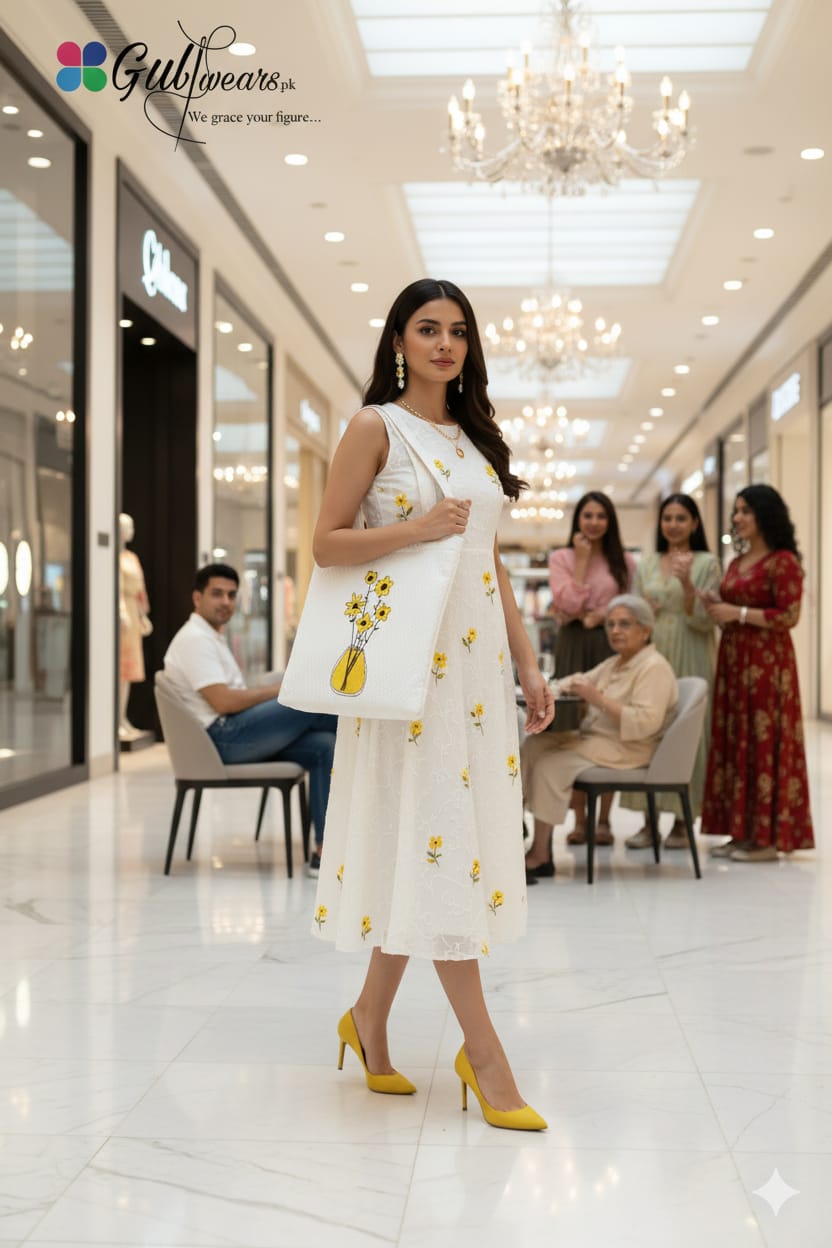 Woman in a white dress with yellow floral patterns in a shopping mall.