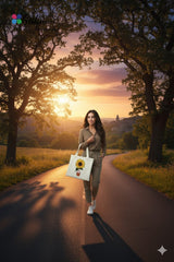 Woman walking on a path with a sunset in the background