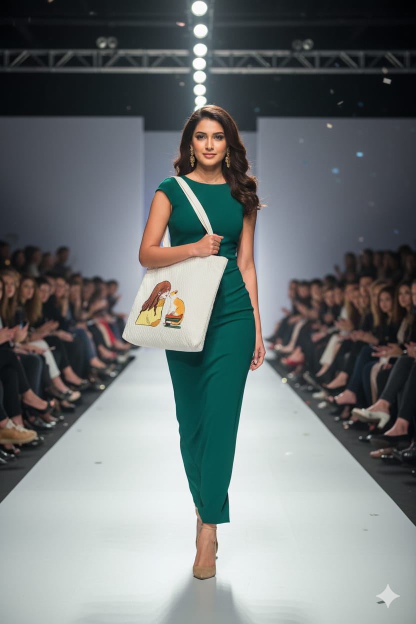 Model walking on a fashion show runway wearing a green dress and carrying a white tote bag.
