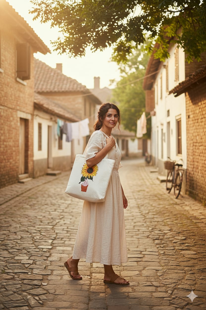 Woman holding a tote bag with a sunflower design on a cobblestone street.