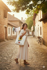 Woman holding a tote bag with a sunflower design on a cobblestone street.