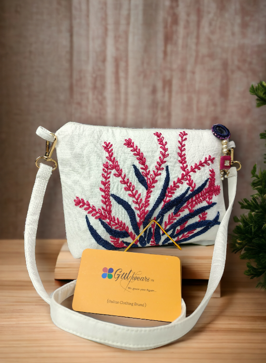 White Thread Embroidered Clutch Bag
