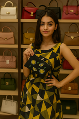 Woman holding a black clutch with green accents in front of a display of handbags.