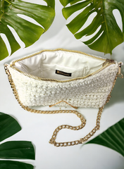 Chic White Wool Clutch Bag with Elegant Golden Chain
