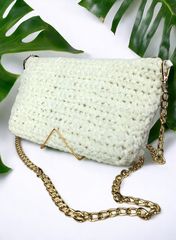 Chic White Wool Clutch Bag with Elegant Golden Chain