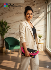Woman holding a colorful clutch in an indoor setting with 'Gulwears.pk' branding.